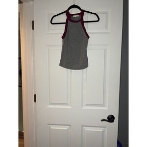Truly madly deeply High Neck Crop Tank Top gray maroon trim Medium